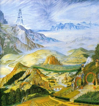 風景 Painting - ファンタジーの中つ国のトールキンの花輪の風景 2 山